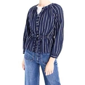 Like New J. Crew Linen Cotton Navy Stripe Balloon Sleeve Tie Waist Blouse 10